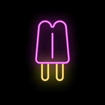 Neon sign of a double ice pop with a bite taken out glowing on black backgrou Illustrazione stock