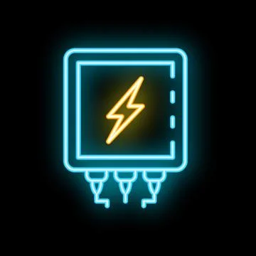Neon sign of electric distribution box with wires glowing on black background Stock Illustration