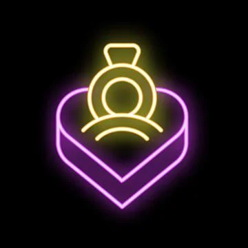 Neon sign of engagement ring in opened heart shaped box Stock Illustration