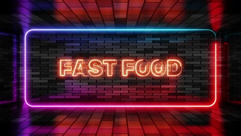Neon sign fast food in speech bubble frame on brick wall background 3d render. Video stock 265073721