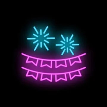 Neon sign of fireworks exploding over festive bunting for holiday celebration 스톡 일러스트