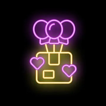 Neon sign of gift box being lifted with balloons and hearts Stock Illustration