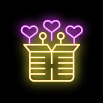 Neon sign of a gift box full of love with hearts coming out Stock Illustration