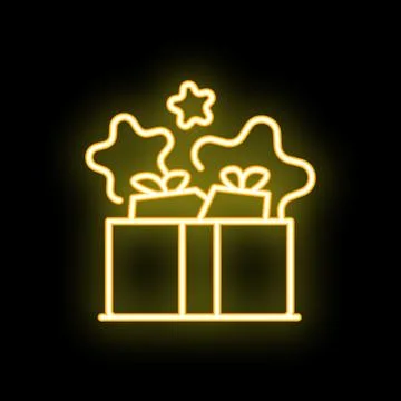 Neon sign of gift boxes with sparkles on dark background Illustrazione stock