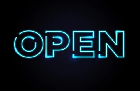 Neon sign with glowing open text on black background. Perfect for nightlife Stock Illustration