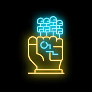 Neon sign of a hand holding a microchip for semiconductor manufacturing Stock Illustration