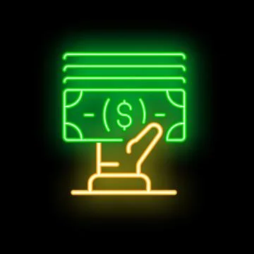 Neon sign of hand holding up stack of money Stock Illustration