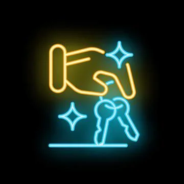 Neon sign of a hand picking up a set of shining keys Stock Illustration