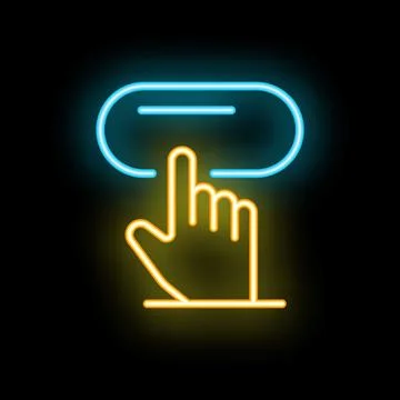 Neon sign of hand pressing button on black background Stock Illustration