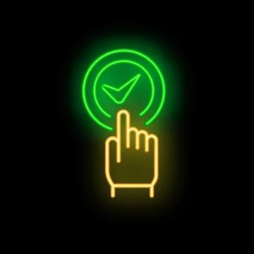 Neon sign hand tapping check mark button icon Stock Illustration