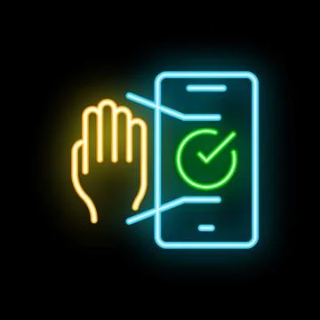 Neon sign of hand using mobile payment system with check mark Stock Illustration
