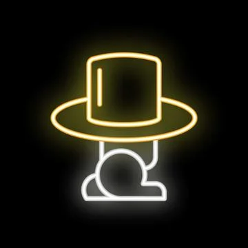 Neon sign of a hat floating above a pair of shoes on black background Ilustração Stock