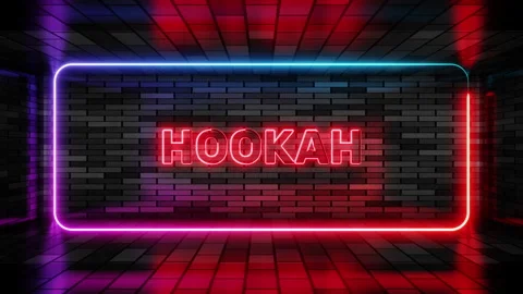 Neon sign hookah in speech bubble frame on brick wall background 3d render. Vídeo Stock 265072075