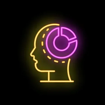 Neon sign of human head with pie chart representing artificial intelligence Stock Illustration