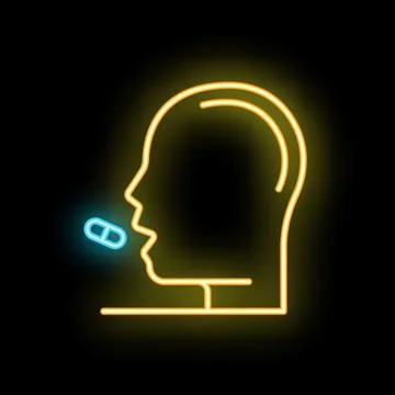 Neon sign of a human head taking a pill Stock Illustration