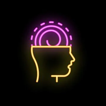 Neon sign illustrating thinking process with glowing spiral inside human head Stock Illustration