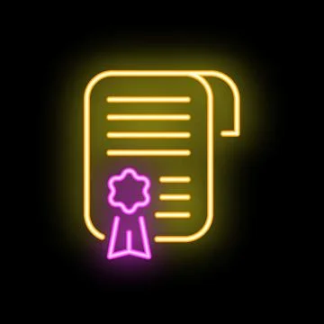 Neon sign of important document with stamp and ribbon glowing on black back.. Ilustración de archivo