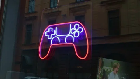 Neon Sign Joystick Game computer club cafe showcase window Vídeos de archivo 157815738