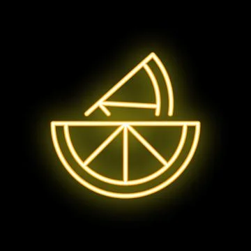 Neon sign of a lemon slice falling into a lemon half on black background Stock Illustration
