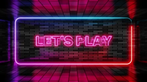 Neon sign lets play in speech bubble frame on brick wall background 3d render. Stock Footage 265073174
