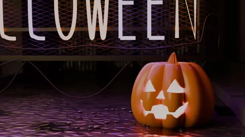 Neon sign lettering pulling back to reveal jack-o'-lantern and alley, 4K Stock Footage 346188316