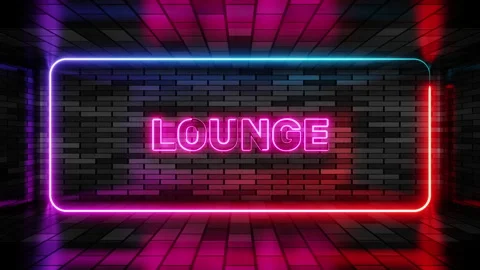 Neon sign lounge in speech bubble frame on brick wall background 3d render. Stock Footage 265073395