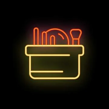 Neon sign of makeup brushes in a cup illuminating the night Stock Illustration