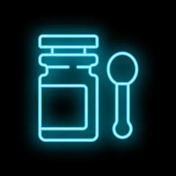 Neon sign of measuring spoon next to a jar with a blank label on black back.. Stock Illustration