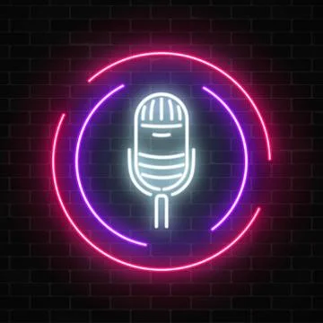 Neon sign with microphone in round frame. Nightclub with live music icon. Stock Illustration