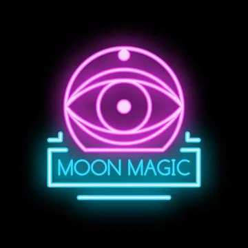 Neon sign moon magic with all seeing eye symbol on black background Stock Illustration