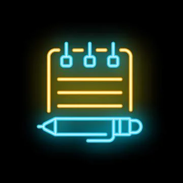 Neon sign of notepad with pen for taking notes or writing diary Illustrazione stock