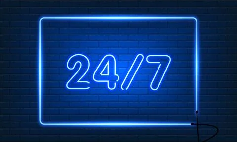 Neon sign Open 24 7 hours in frame on brick wall background. Vintage electric Stock Illustration