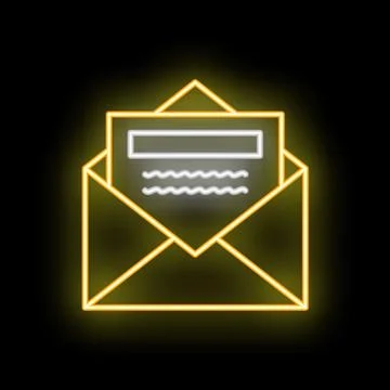 Neon sign of open envelope with letter sticking out on black background Stock Illustration
