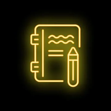 Neon sign of open notebook with pencil for writing and drawing Stock Illustration
