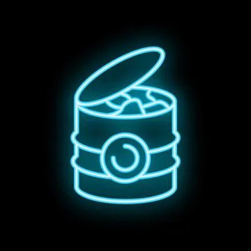 Neon sign of open tin can with recycling symbol on black background Stock Illustration