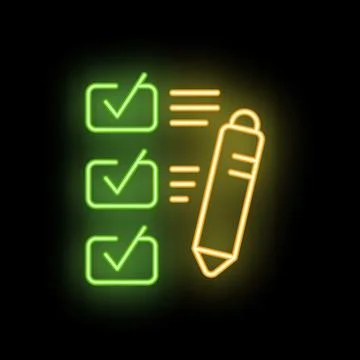 Neon sign of pen checking off boxes on checklist Иллюстрация