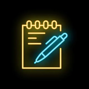 Neon sign of pen writing on notepad for business idea concept Stock Illustration