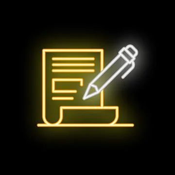 Neon sign of pen writing on paper representing content creation Illustrazione stock