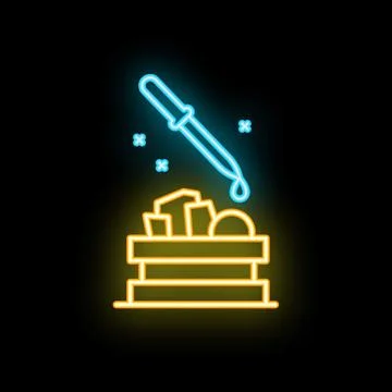 Neon sign of pipette dropping essential oil into box of soap bars for aroma.. Stock Illustration