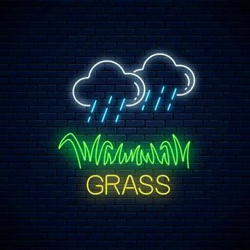 Neon sign of raining clouds and plot of grass. Lawn irrigation concept in neo Stock Illustration