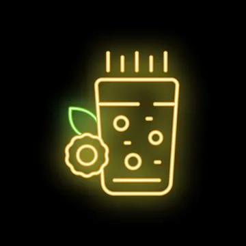 Neon sign of a refreshing drink with bubbles, a slice of lemon and a leaf, pe Stock Illustration