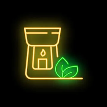 Neon sign representing an aroma diffuser, with a candle inside, and two green Stock Illustration