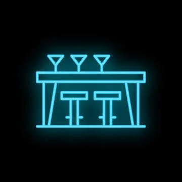 Neon sign representing bar table with stools and cocktail glasses on top Illustrazione stock