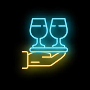 Neon sign representing a bartender hand holding a tray with two wine glasses  Stock Illustration