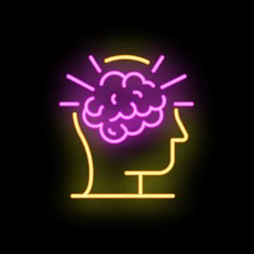 Neon sign representing a brain with glowing rays for creative thinking concep Stock Illustration