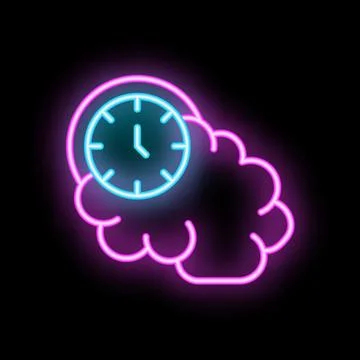 Neon sign representing brain working overtime with clock displayed prominentl 스톡 일러스트