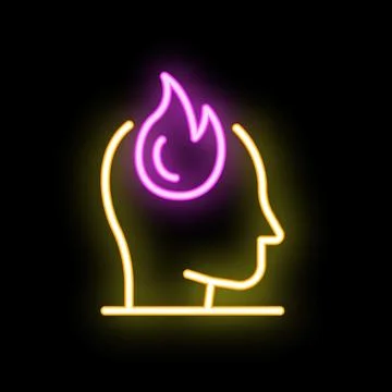 Neon sign representing brainstorming with head and flame Stock Illustration