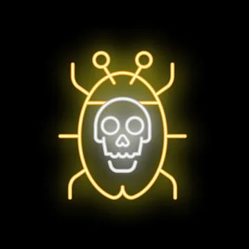 Neon sign representing a bug with a skull inside symbolizing cyber crime Illustrazione stock