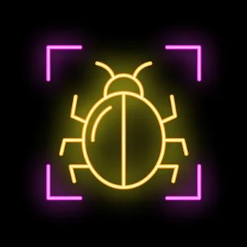 Neon sign representing a bug trapped in a square representing debugging proce Stock Illustration
