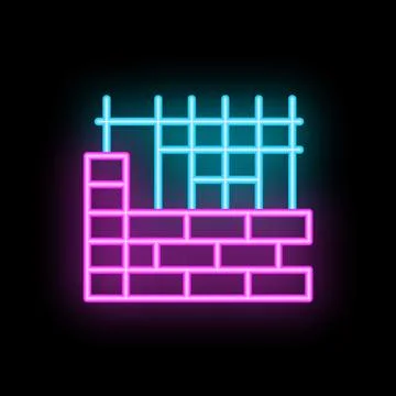Neon sign representing building a brick wall with fence on top Stock Illustration